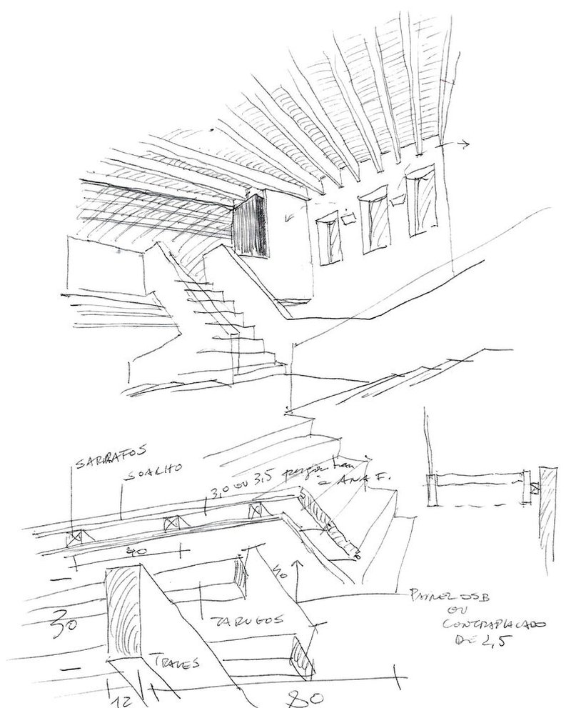 Sketch of interior staircase with exposed timber roof beams and dimensional annotations
