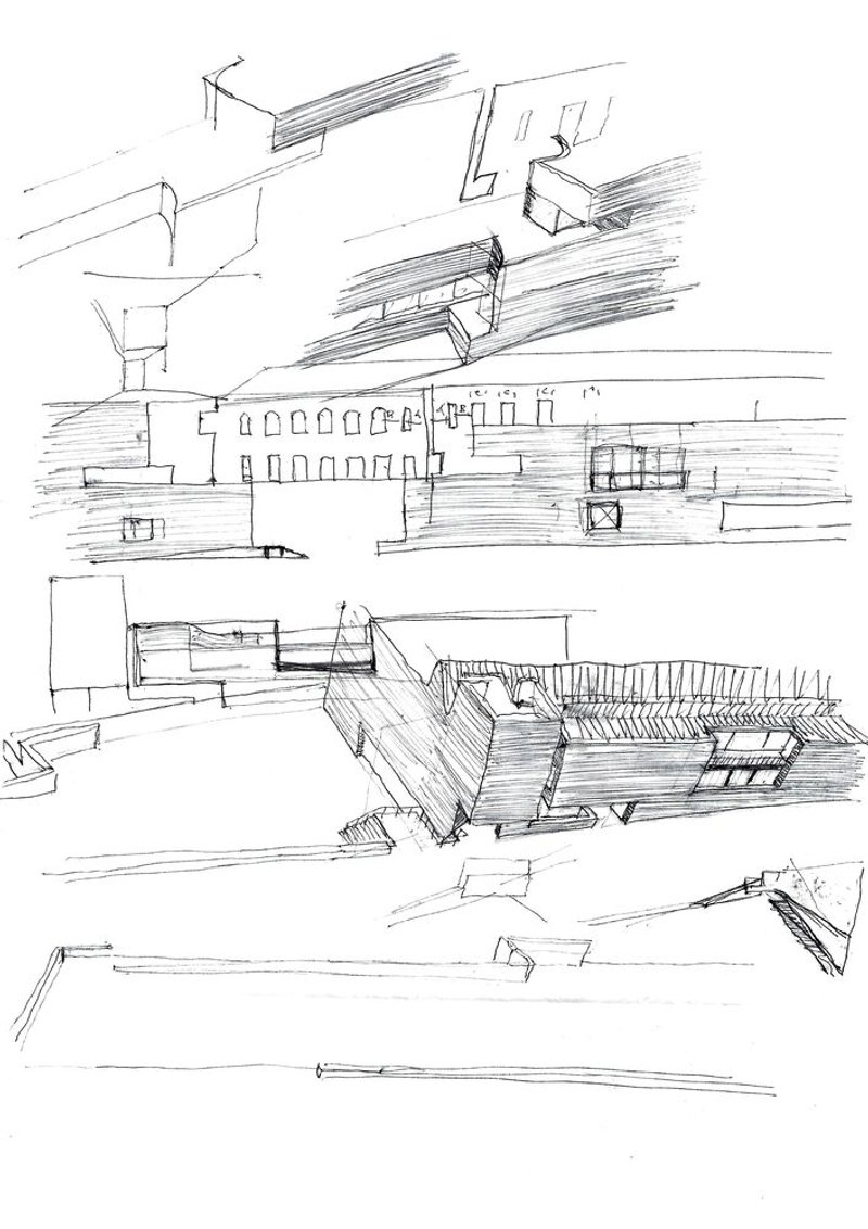 Sketch showing perspective views of massing with arched arcade and cantilevered volumes