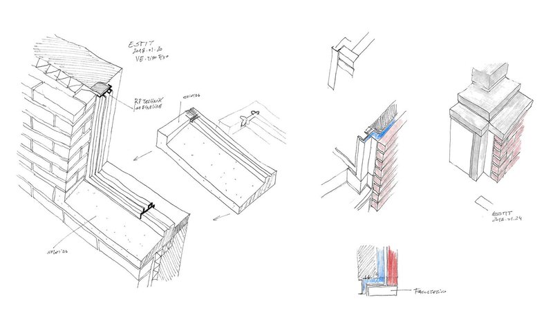 Axonometric detail drawings showing window systems and facade assembly with handwritten notes