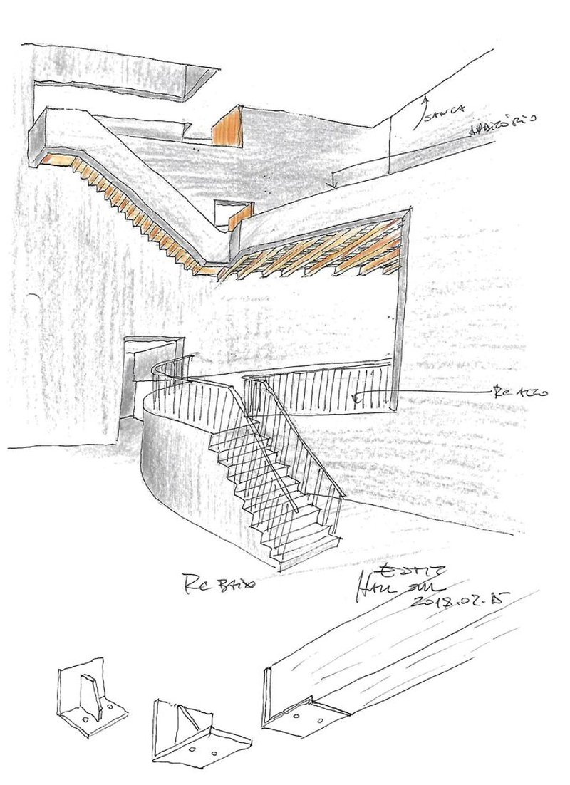 Perspective sketch showing a curved staircase ascending through multiple levels with exposed timber ceiling joists
