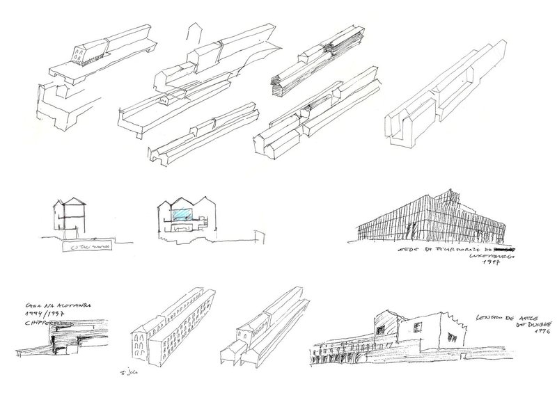 Sheet of isometric and perspective sketches exploring building massing and structural systems