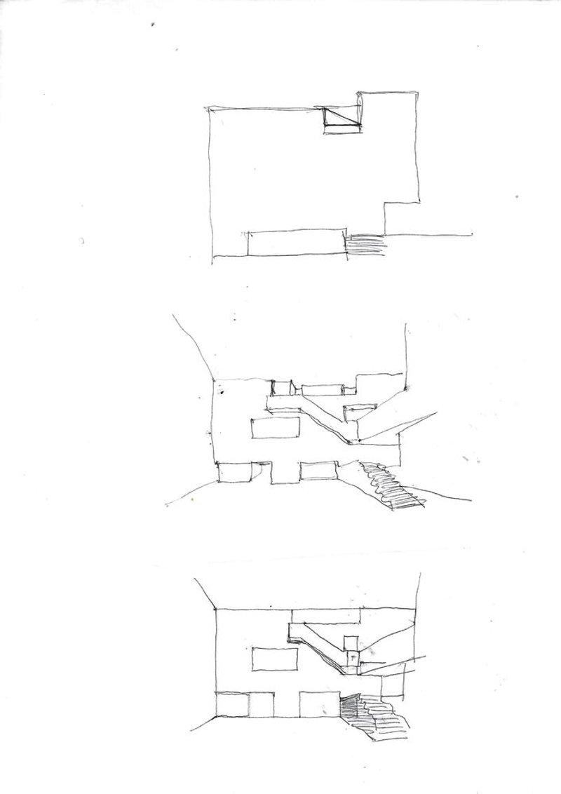 Plan and section sketches illustrating spatial relationships between rooms and a diagonal staircase