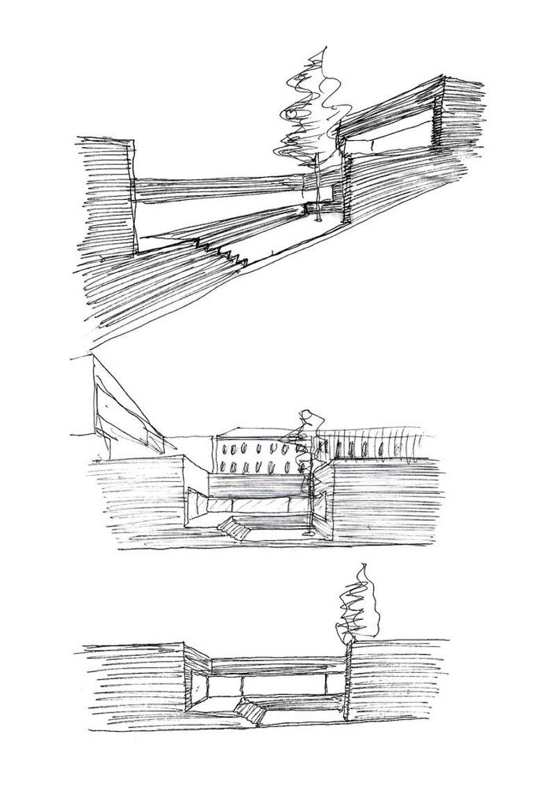 Three sectional sketches showing variations of interior volumes with staircases and vertical circulation elements