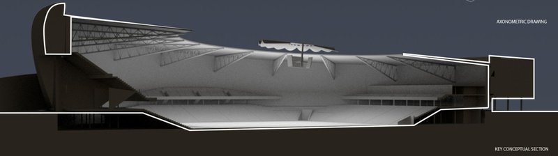 Conceptual Section View – A technical cross-section showcasing the stadium’s structural framework and sustainable roof design.