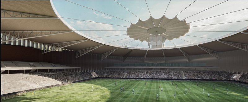 Innovative Stadium Design – A sustainable stadium with an open-roof concept integrating modern architecture and environmental consciousness.