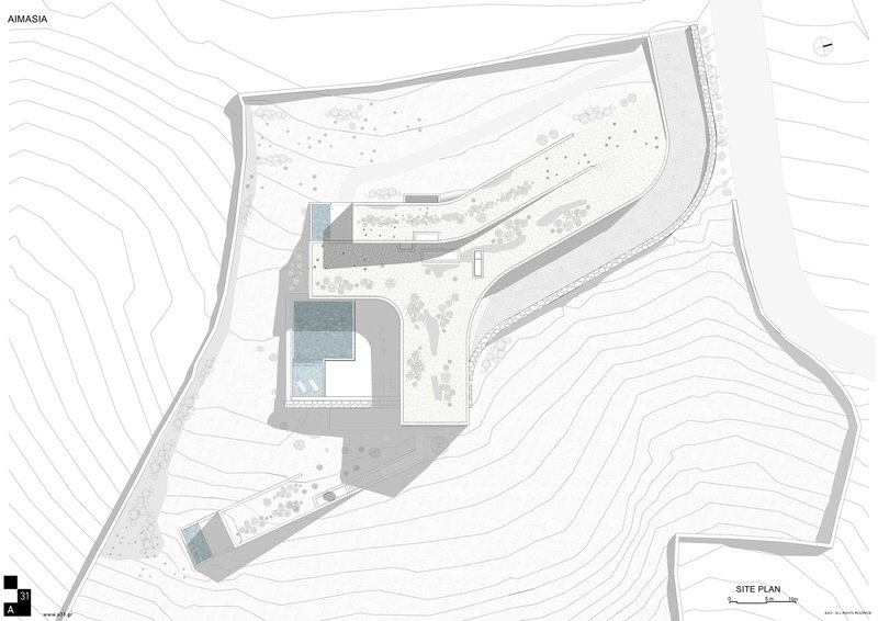 Site plan drawing depicting two structures and a pool within an irregularly shaped boundary on hillside topography