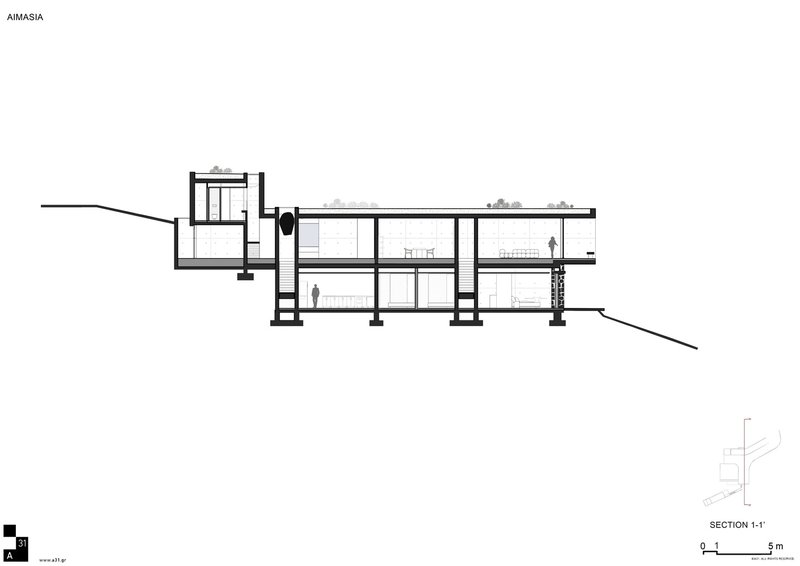 Section drawing revealing staggered interior levels connected by stairs with figures indicating scale