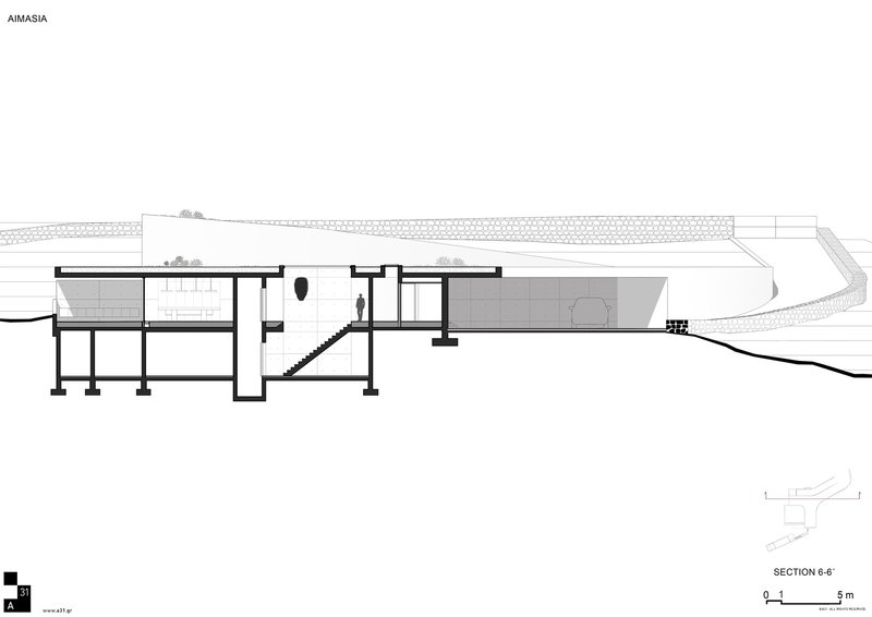 Section drawing displaying interior spaces under a flat roof with stairs and figures within the hillside structure