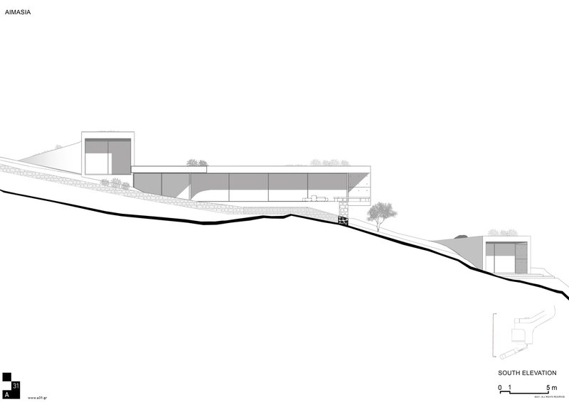 South elevation drawing depicting a linear structure embedded in sloping terrain with scattered trees