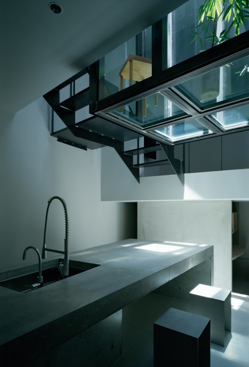 Kitchen counter with concrete island and cantilevered glass skylight bridge above with greenery