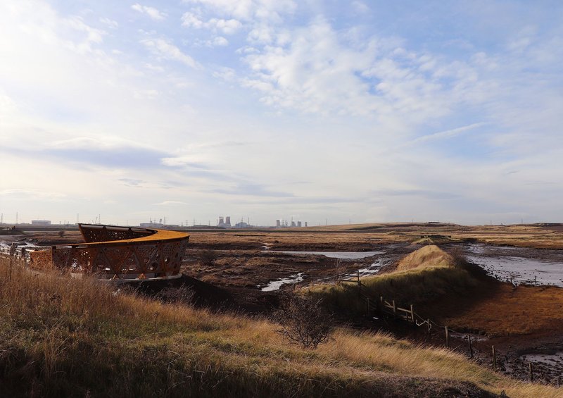 Greatham Creek Seal Hide seamlessly integrates with the vast wetland landscape, offering a sustainable retreat for wildlife observation.