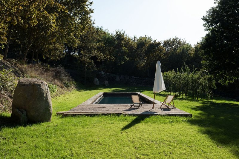 Timber deck with embedded pool and umbrella set in a sloping grassy clearing surrounded by forest