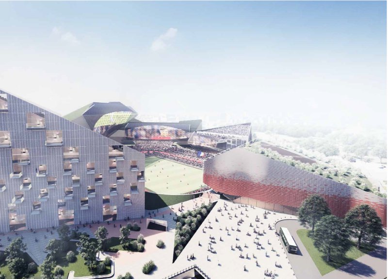 Innovative Urban Integration – A futuristic stadium seamlessly merging with the surrounding built environment.