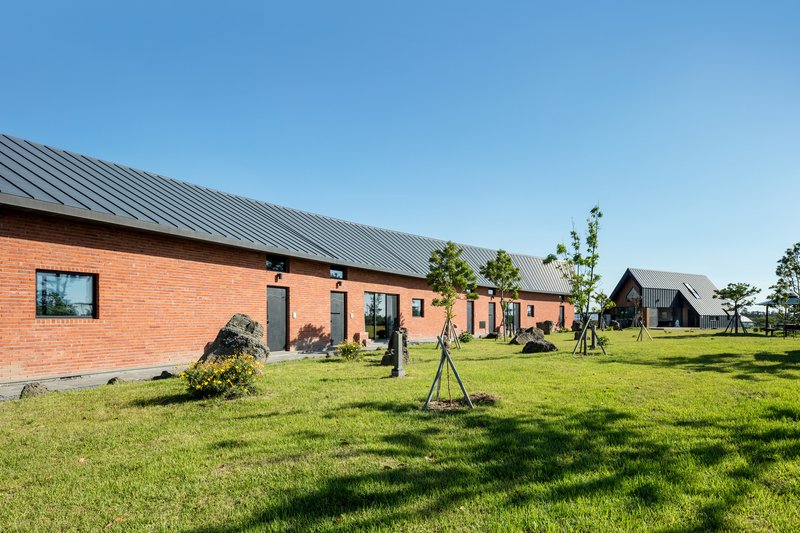 Red brick volumes with metal roofs arranged around a grassy courtyard with staked young trees