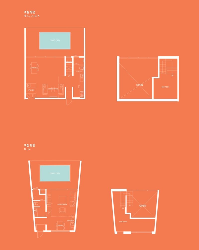 Floor plan drawings showing two levels with living room, kitchen, and mezzanine bedroom arrangements