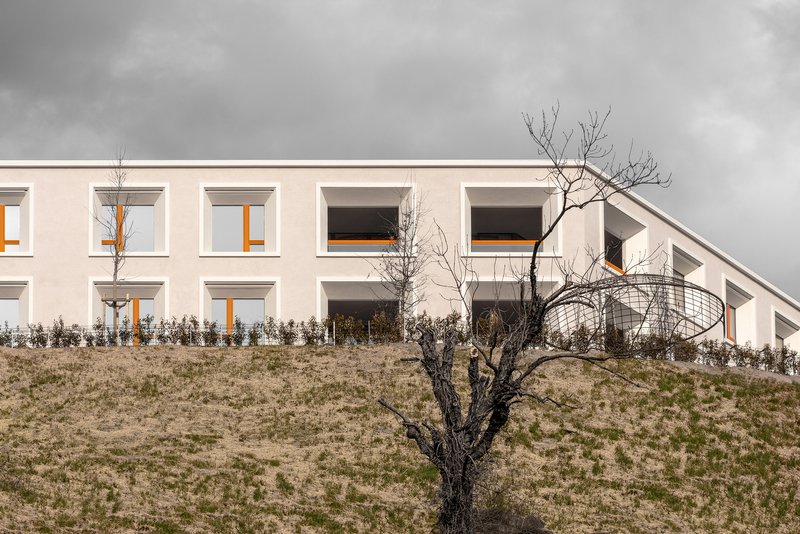 Building edge showing the curved corner volume and bare tree on a grassy slope under stormy clouds