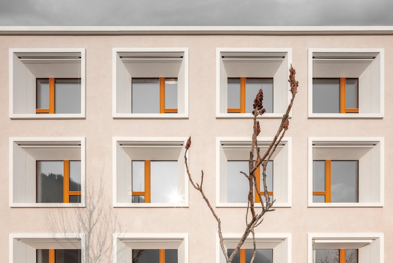 Facade showing grid of recessed windows with white frames and orange casements flanked by bare branches