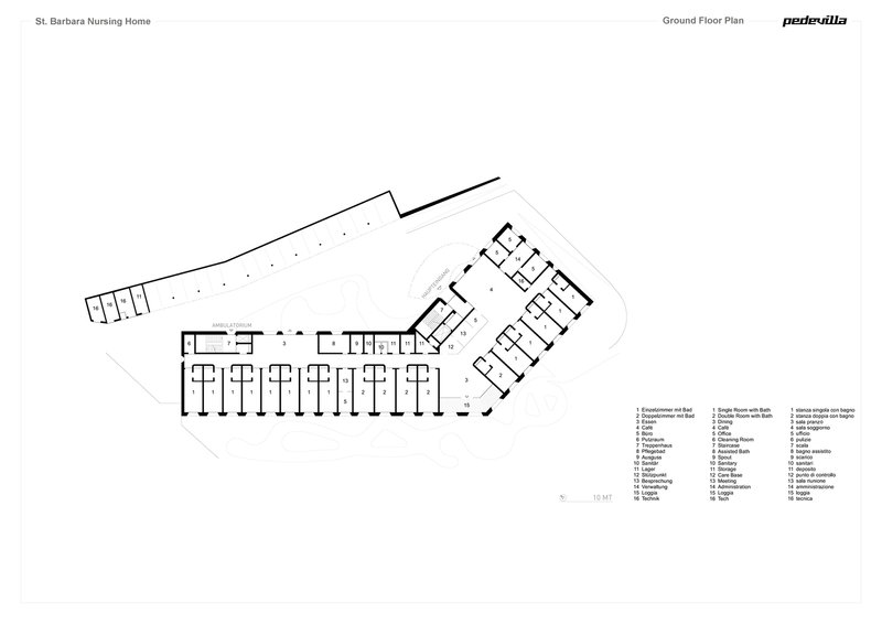 Ground floor plan with elongated wing of repeating rooms and cantilevered entrance canopy above