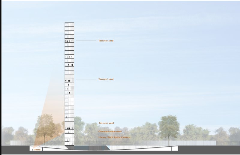 Vertical Prison Section: A sectional view showcasing terraces, workspaces, and communal areas promoting transparency.
