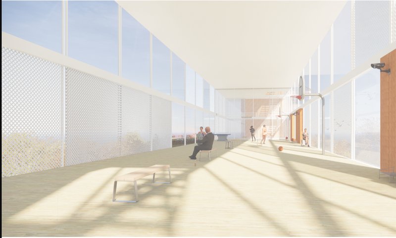Recreation &amp; Interaction: A modern, transparent space where inmates engage in physical activities and social interaction.