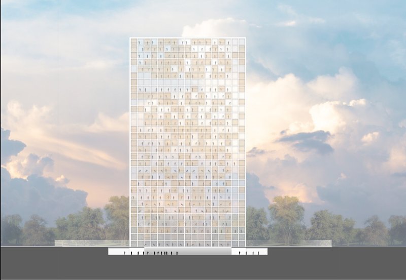 Facade Elevation: A striking vertical prison design emphasizing openness and structured rehabilitation.