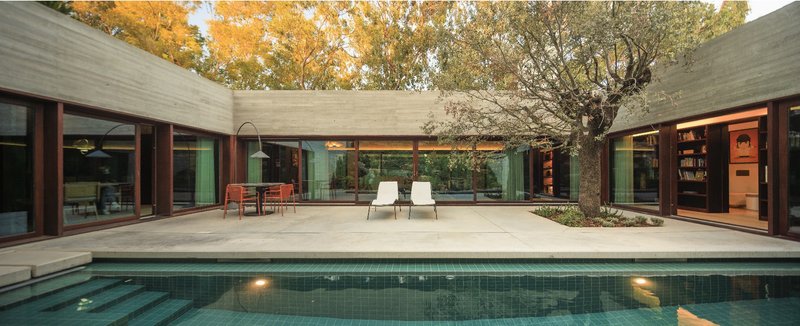 Courtyard pool surrounded by concrete paving and glazed volumes under an olive tree at dusk