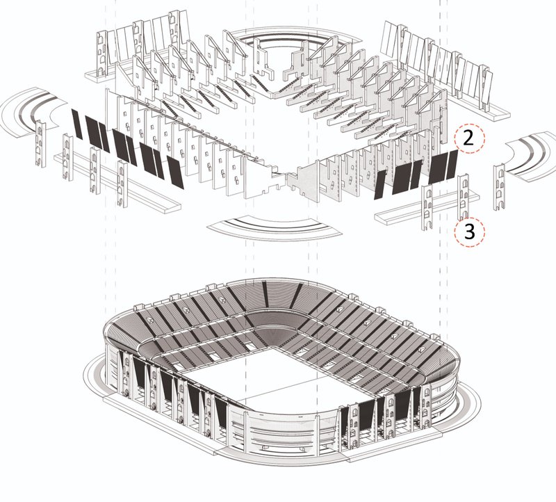 Stadium to Housing Conversion Process – Step-by-step visualization of how a stadium can be repurposed into an urban housing solution.