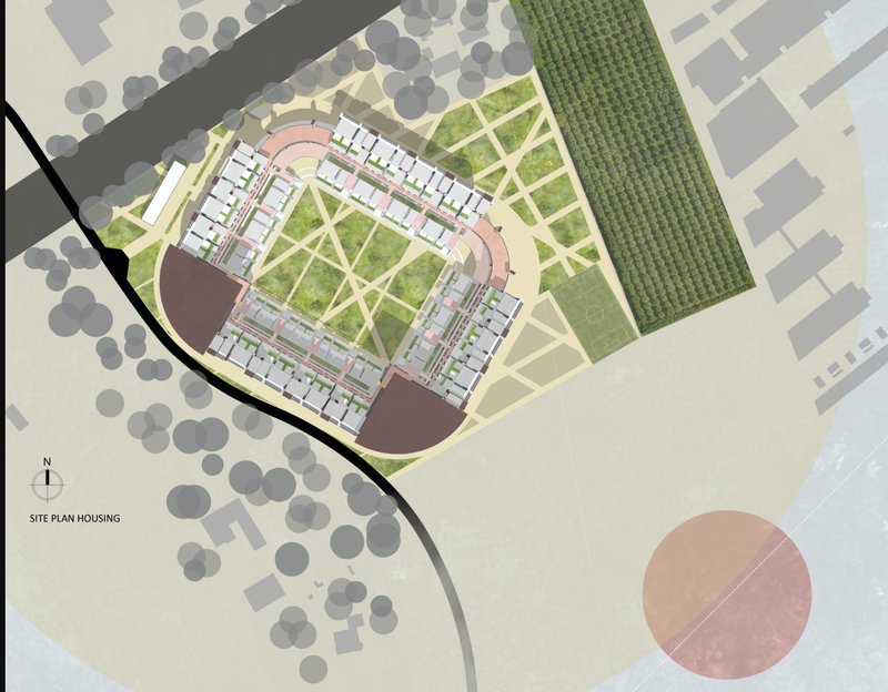 Site Plan for Sustainable Living – An aerial view showcasing the integration of green spaces and modular housing in an adaptive stadium design.