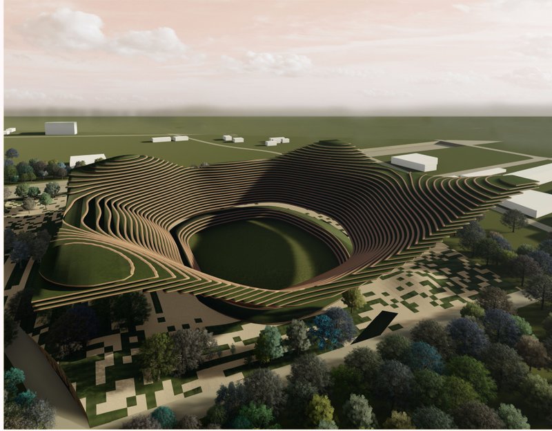 Organic Stadium Design – Aerial view showcasing the fluid, nature-inspired architecture of Green Stadium Montpellier.