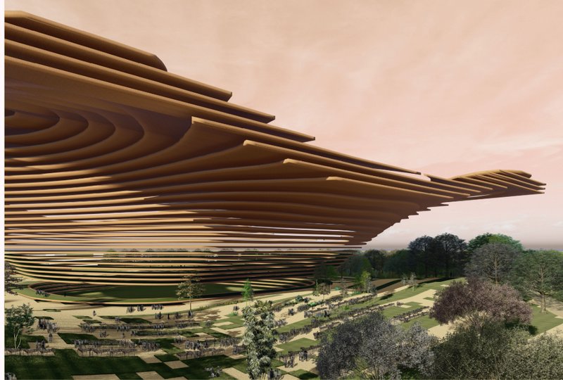 Floating Canopy Concept – A futuristic overhanging roof providing shade and blending with the natural landscape.