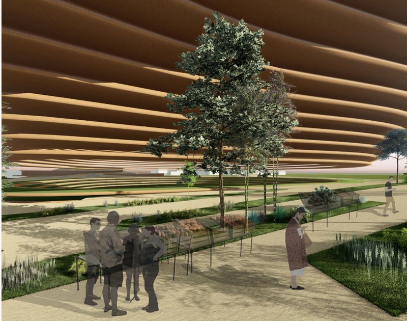 Community-Centered Design – Market spaces under the stadium fostering local engagement and sustainability.