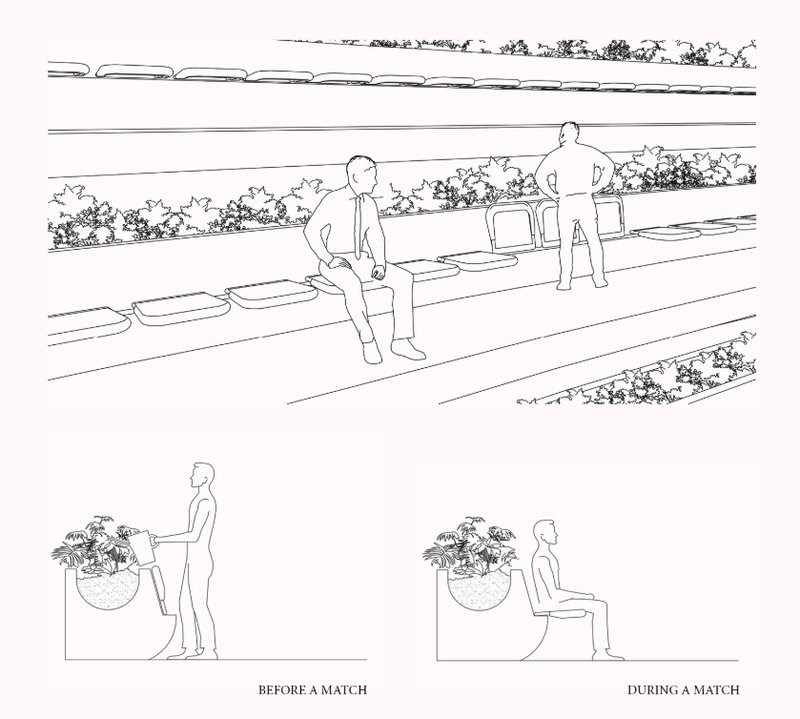 Eco-Friendly Matchday Seating – A seating concept with built-in planters, enhancing the green experience for spectators.