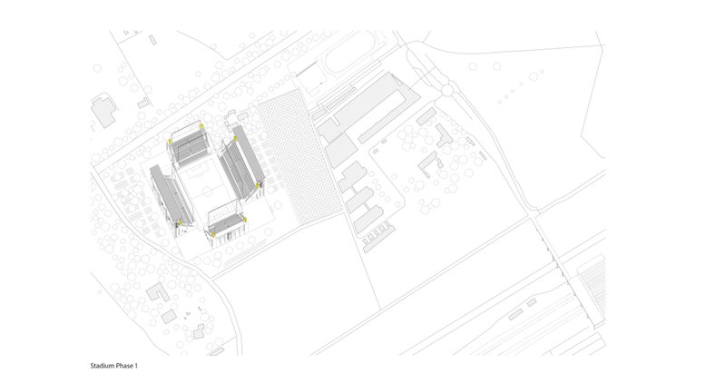 Axonometric View – A phased urban development integrating sports, culture, and green spaces.