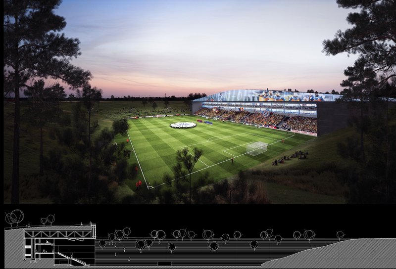Rendering showing the illuminated grandstand along one edge of the football pitch at dusk