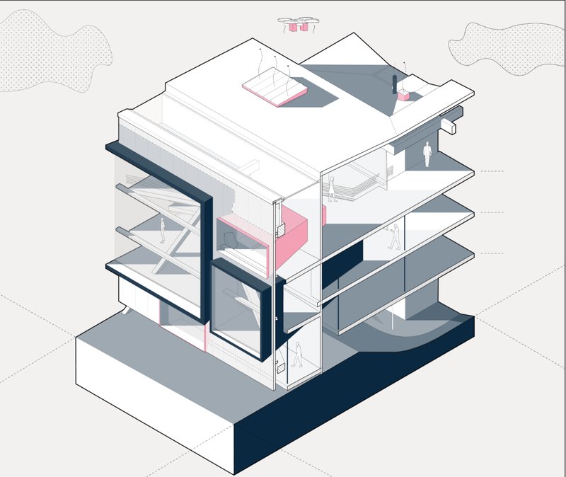 Cutaway Axonometric View – Conceptual rendering highlighting spatial organization and accessibility.