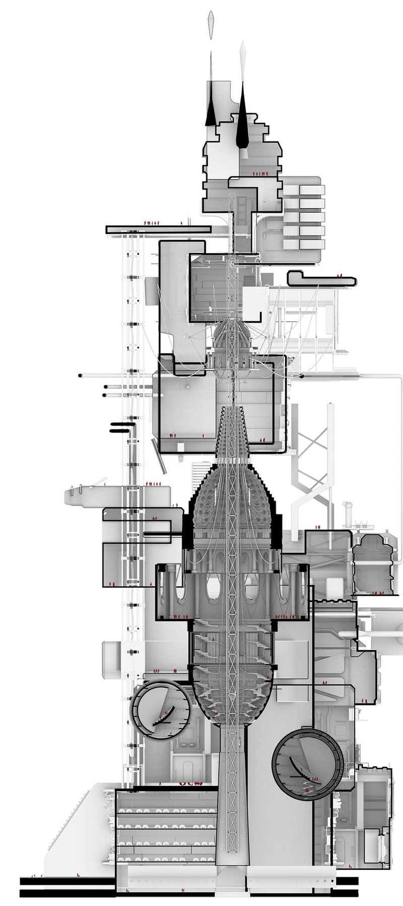Architectural Cross-Section – A detailed sectional drawing showcasing the functional and ritualistic aspects of the vertical cemetery.