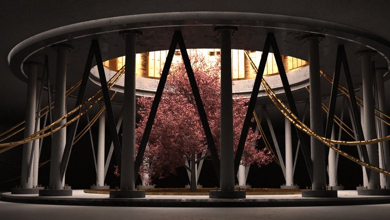 Sacred Memorial Space – An ethereal gathering space with a symbolic cherry blossom tree at the heart of the architecture.
