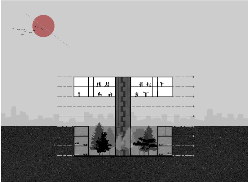 Sectional Vision – Cross-section illustrating multi-level inmate activities and green spaces.