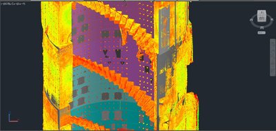 The image presents a 3D point cloud model of an architectural structure, likely an interior space fe