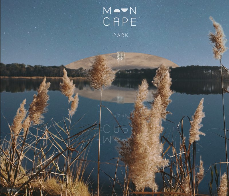 Spring Reflection – A serene view of MoonCape Park blending nature with futuristic design.