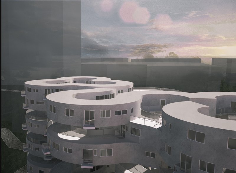 Rooftop View: The organic flow of the building enhances both aesthetics and functionality.