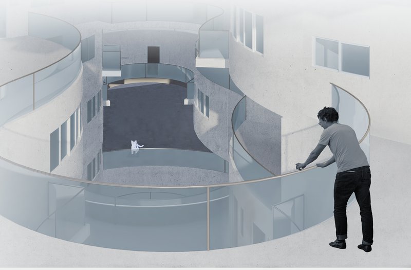 Interior Perspective: Open, curvilinear spaces promote community interaction and natural light.