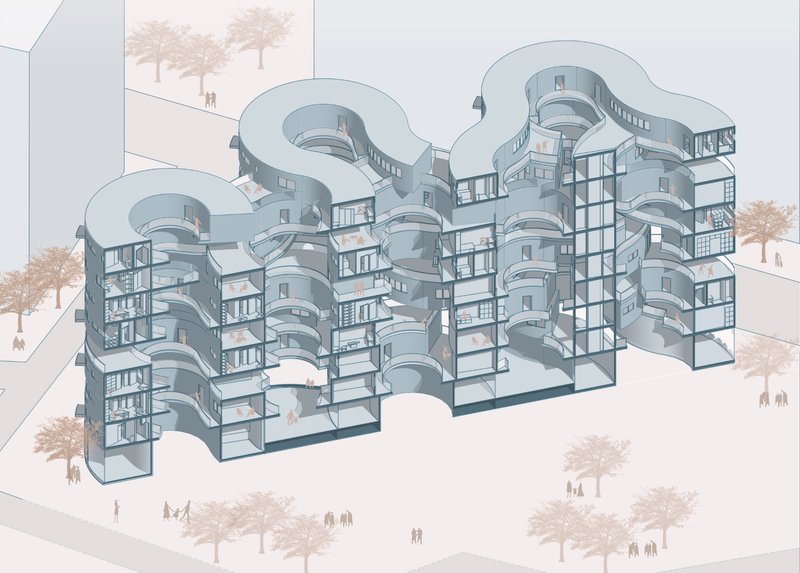Sectional View: A detailed breakdown of multi-functional living spaces in the Ribbon House.