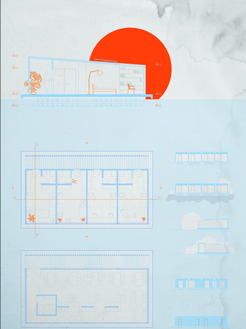 Section and plan drawings with floor layouts and elevation studies alongside an orange circular accent