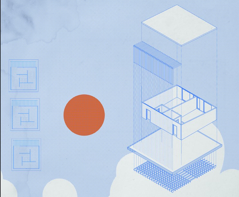 Axonometric exploded drawing revealing three stacked floor plates with a vertical slatted core and orange circle