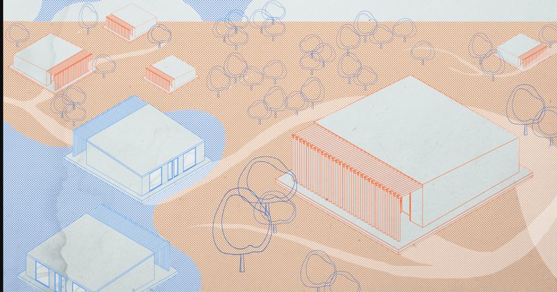 Isometric drawing showing scattered rectangular buildings with vertical slat facades among circular tree canopies