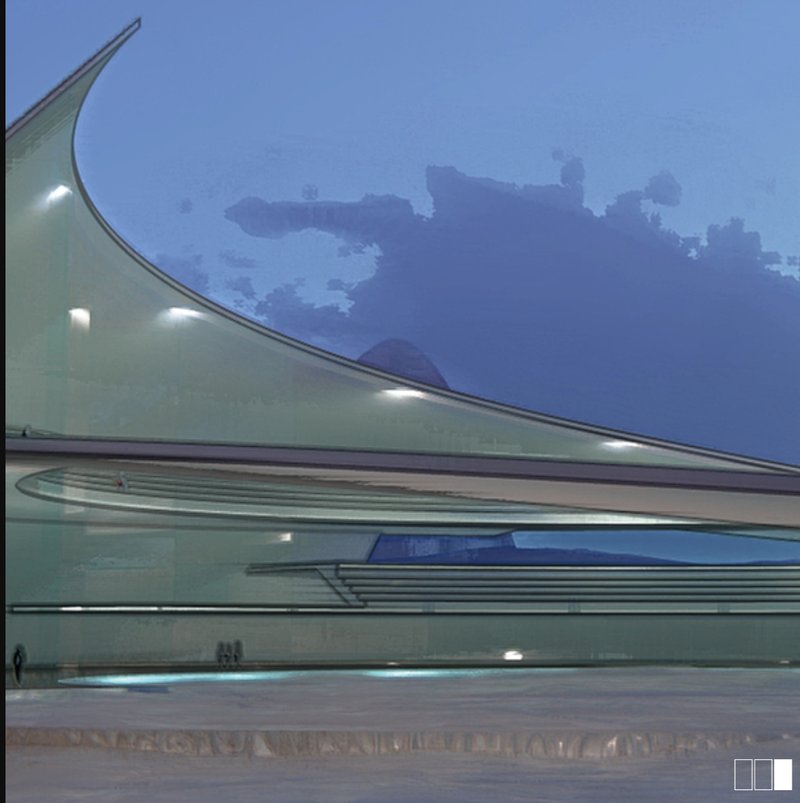 Sweeping curved facade with pointed spire rising against a twilight sky