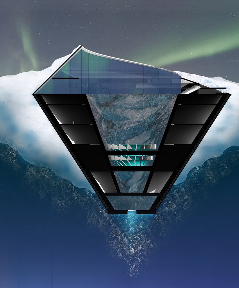 Section drawing showing inverted triangular structure embedded in snow with aurora borealis above