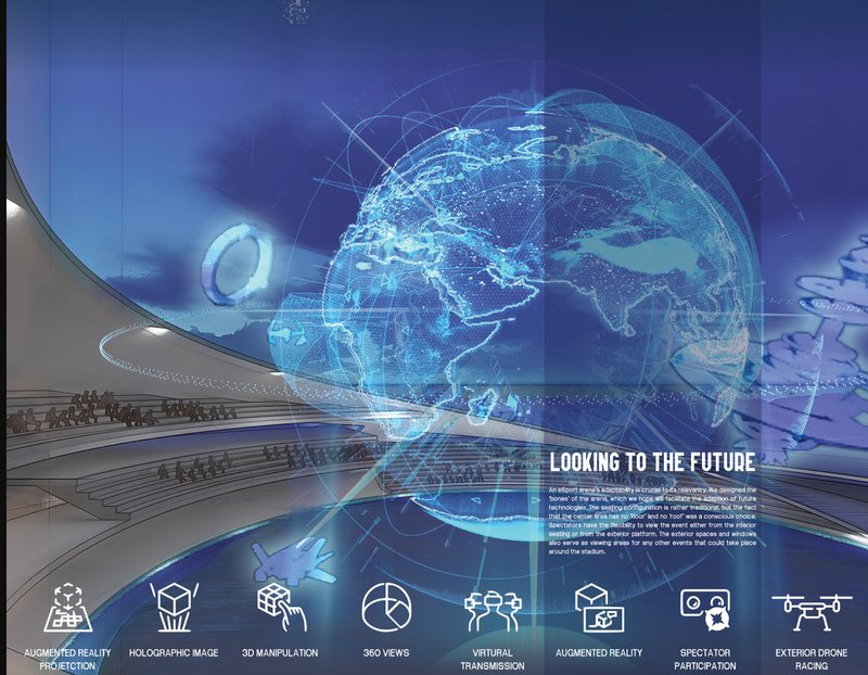 Rendering of interior space with holographic globe projection above crowds in an auditorium
