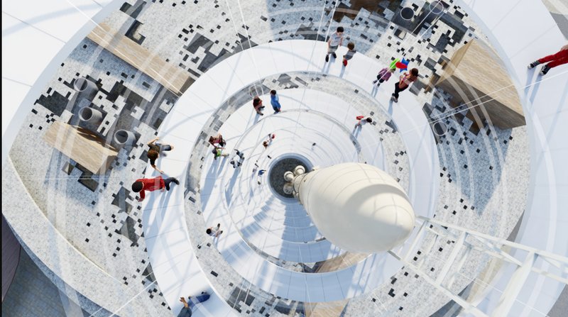 An immersive experience inside the spiral observation tower, celebrating lunar exploration.